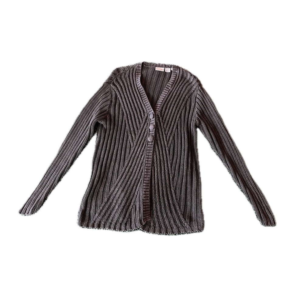 Vintage 90s Easy Style Ribbed Cardigan Sweater Gray Ramie Cotton Blend Sz M Fall